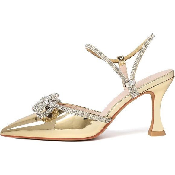 Women's Rhinstone Gold Strap Bow Closed Toe Adjustable Pumps Heeled Shoes - Picture 2 of 9